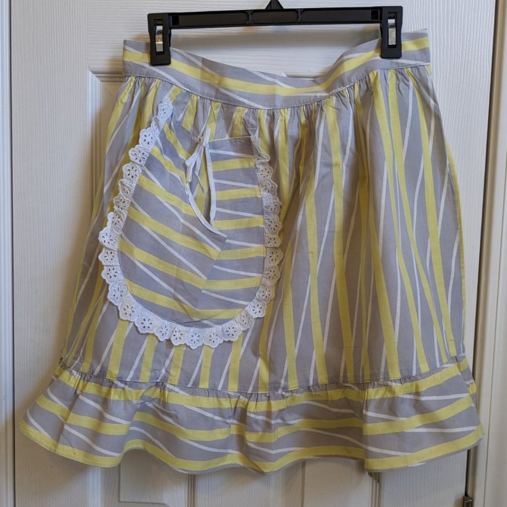 Handmade Apron, vintage 1950s, Yellow, gray, white stripe